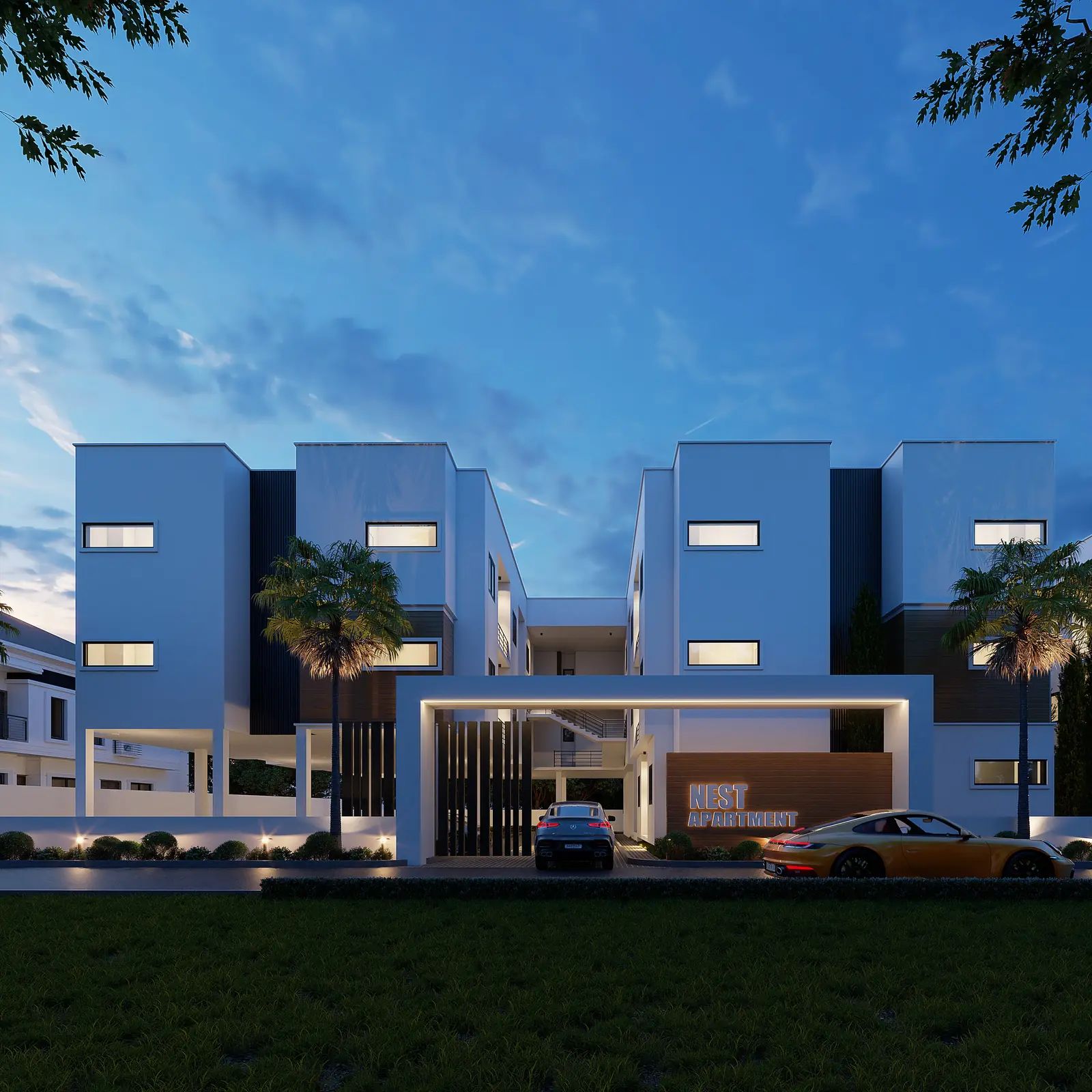 Dusk facade — front view